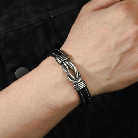 Men's Black Leather Stainless Steel Infinity Bracelet