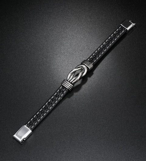 Men's Black Leather Stainless Steel Infinity Bracelet