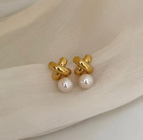 Lia Gold Cross Pearl Earrings