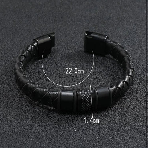 Men's Black Leather Braided Cuff Icon Magnetic Bracelet