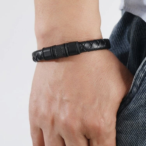 Men's Black Leather Braided Cuff Icon Magnetic Bracelet