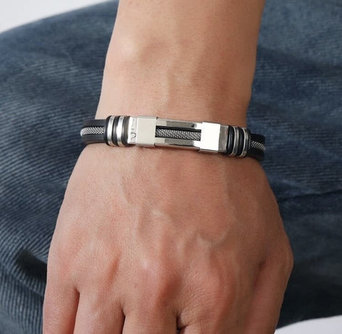 Men's Black Leather Stainless Steel Icon Bracelet