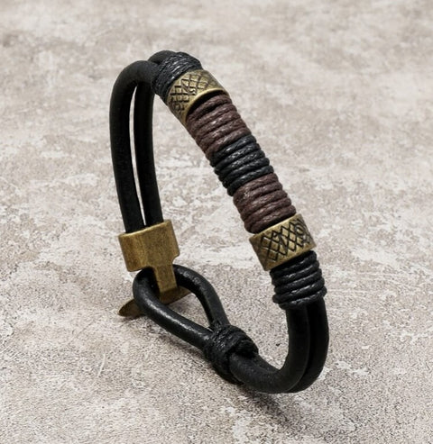 Men's Tribal Stylish Black/Brown Leather Stainless Steel Bracelet