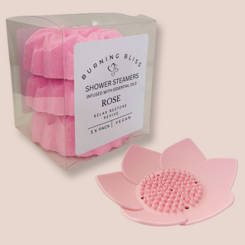 ROSE SHOWER STEAMERS + SHOWER STEAMER TRAY