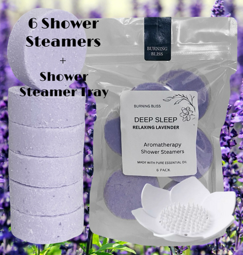 6 x DEEP SLEEP RELAXING LAVENDER SHOWER STEAMERS + SHOWER STEAMER TRAY