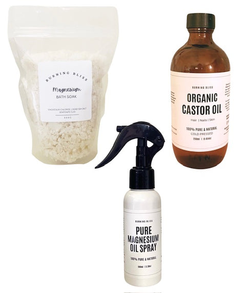 WELLBEING BUNDLE- MAGNESIUM SPRAY  |  ORGANIC CASTOR OIL  |   MAGNESIUM BATH SALTS