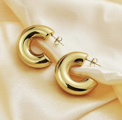 18K Gold Chunky Thick Huggie Statement Hoop Earrings