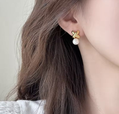 Lia Gold Cross Pearl Earrings