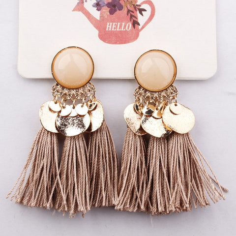 Boho Tassel Beige Tan Acrylic Gold Earrings