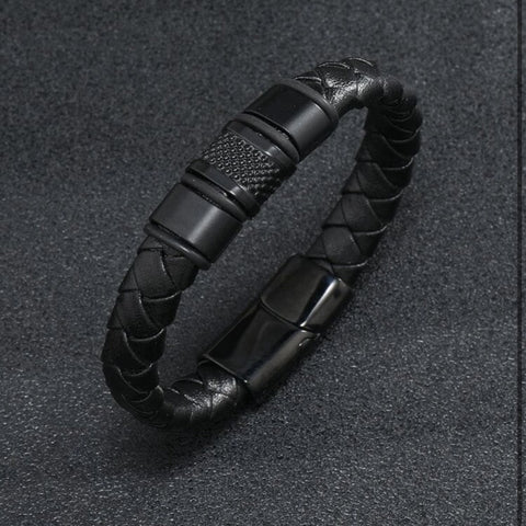 Men's Black Leather Braided Cuff Icon Magnetic Bracelet