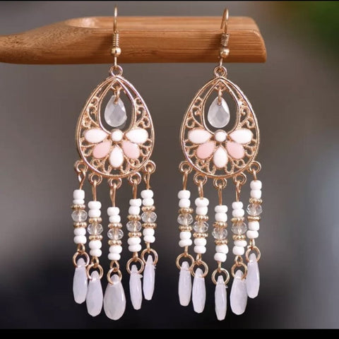 Bohemian Long Flower Crystal Gold Dangle Earrings